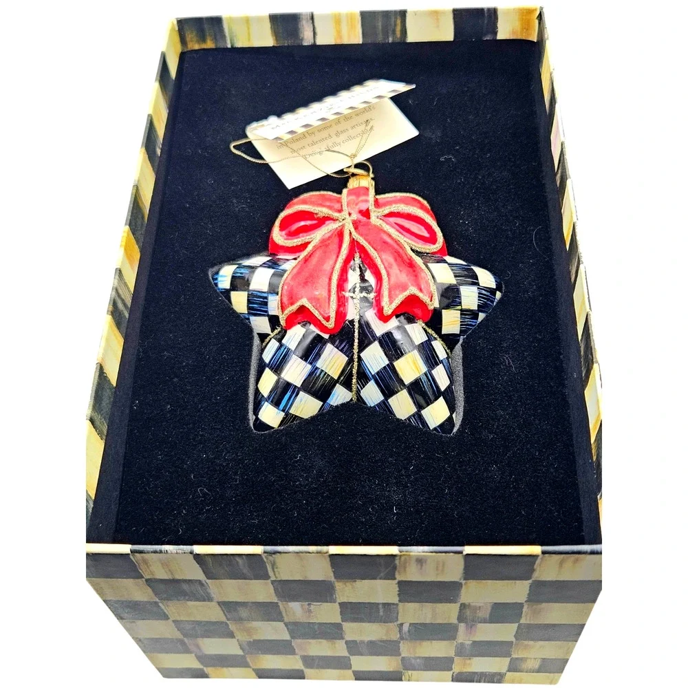RARE MacKenzie-Childs Courtly Check Star w/ Bow Ornament Black White Red + Box